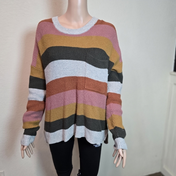 Madewell Thompson Striped Colorblock Crewneck Pocket Sweater Cotton Cozy  Medium - Picture 2 of 11